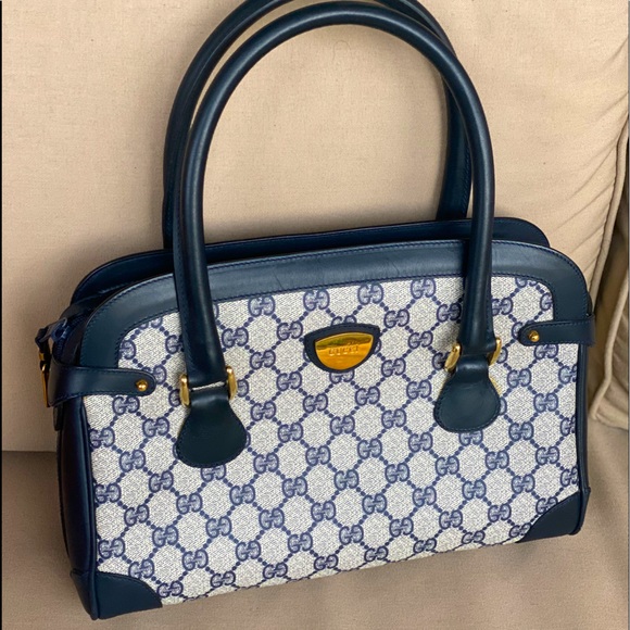 Vintage GUCCI Navy Blue Leather GG Satchel Tote - Picture 2 of 16